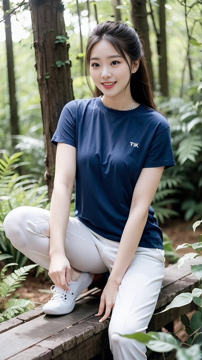 masterpiece, best quality, Surreal, Ultra Detailed, 8k resolution, RAW photos, Clear focus, (A girl in the forest), ((navy blue shirt:1.1)), Short sleeve, Long sweatpants,Full body posture, Solitary, Perfect body, Become a, 32 inches in the chest,(a charming smile:1), (sexy pose),26 years old, light,White shoes