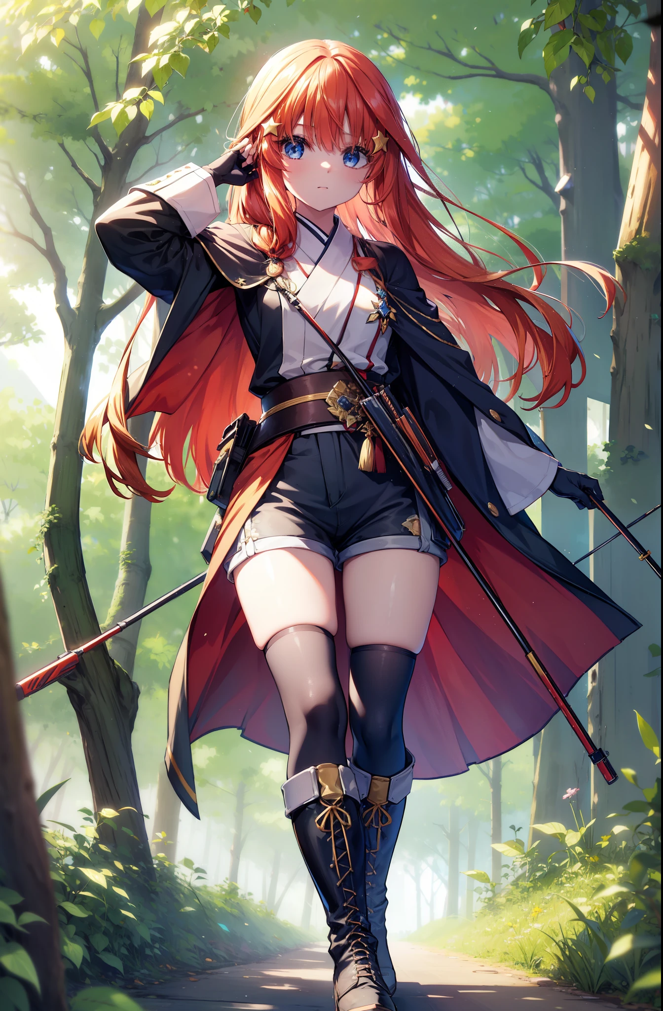 itsukinakano, itsuki nakano, bangs, blue eyes, Hair between the eyes, Redhead, star \(symbol\), hair ornaments, star hair ornaments,Long Hair,Carrying an archery bag,He has a quiver on one side, boots, Cape,gloves, red Knee socks, High heels, Shorts, Knee socks,whole bodyがイラストの中に入っていくように,歩いている
break outdoors, forest,forest林, break looking at viewer,whole body, 
break (masterpiece:1.2), Highest quality, High resolution, unity 8k wallpaper, (shape:0.8), (Fine and beautiful eyes:1.6), Highly detailed face, Perfect lighting, Highly detailed CG, (Perfect hands, Perfect Anatomy),