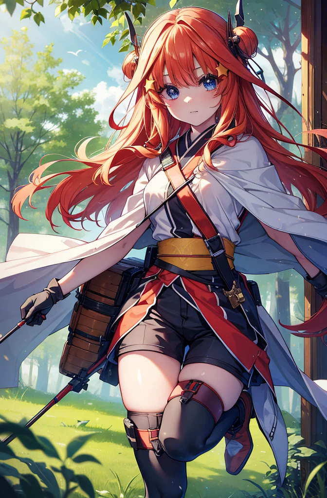 itsukinakano, itsuki nakano, bangs, blue eyes, Hair between the eyes, Redhead, star \(symbol\), hair ornaments, star hair ornaments,Long Hair,Carrying an archery bag,He has a quiver on one side, boots, Cape,gloves, red Knee socks, High heels, Shorts, Knee socks,whole bodyがイラストの中に入っていくように,歩いている
break outdoors, forest,forest林, break looking at viewer,whole body, 
break (masterpiece:1.2), Highest quality, High resolution, unity 8k wallpaper, (shape:0.8), (Fine and beautiful eyes:1.6), Highly detailed face, Perfect lighting, Highly detailed CG, (Perfect hands, Perfect Anatomy),