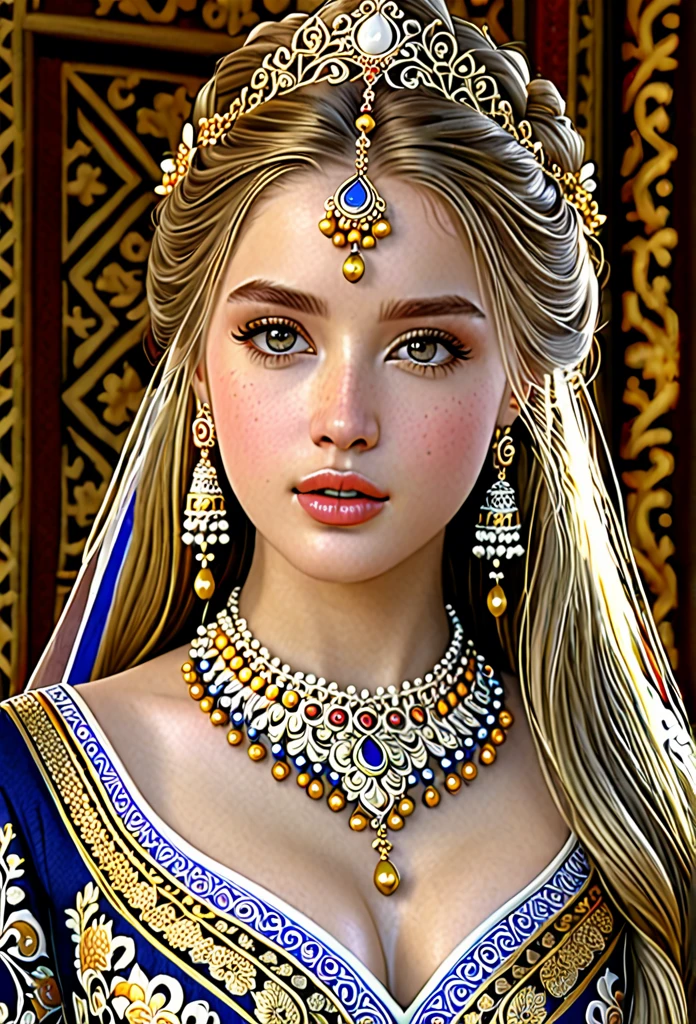 a beautiful detailed portrait of a young woman, intricate detailed face, beautiful eyes, full lips, long eyelashes, porcelain skin, elegant expression, flowing hair, detailed jewelry, ornate traditional clothing, lavish golden ornaments, delicate detailed patterns, intricate decorative elements, highly detailed, (best quality,4k,8k,highres,masterpiece:1.2),ultra-detailed,(realistic,photorealistic,photo-realistic:1.37),vivid colors,ornate,traditional,exquisite,digital art