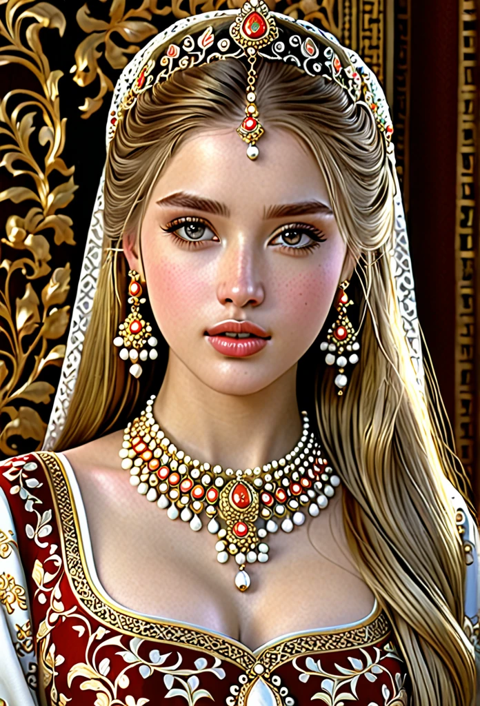 a beautiful detailed portrait of a young woman, intricate detailed face, beautiful eyes, full lips, long eyelashes, porcelain skin, elegant expression, flowing hair, detailed jewelry, ornate traditional clothing, lavish golden ornaments, delicate detailed patterns, intricate decorative elements, highly detailed, (best quality,4k,8k,highres,masterpiece:1.2),ultra-detailed,(realistic,photorealistic,photo-realistic:1.37),vivid colors,ornate,traditional,exquisite,digital art