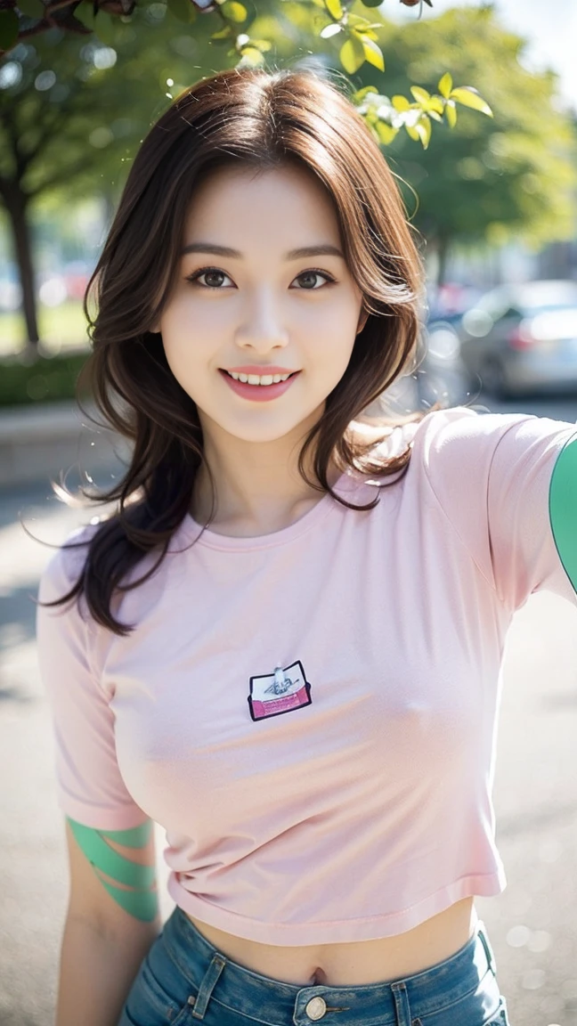 ((Realistic lighting, best quality, 8K, masterpiece: 1.3)), Clear focus: 1.2, 1 girl, Beautiful woman with perfect body: 1.4, Slim abdominal muscles: 1.1, ((Layered Hairstyle)), (Pink T-shirt: 1.4), (outdoor: 1.1), Ultra-thin face, Beautiful eyes, Double eyelids, Smile, Looking at the camera, Selfie,