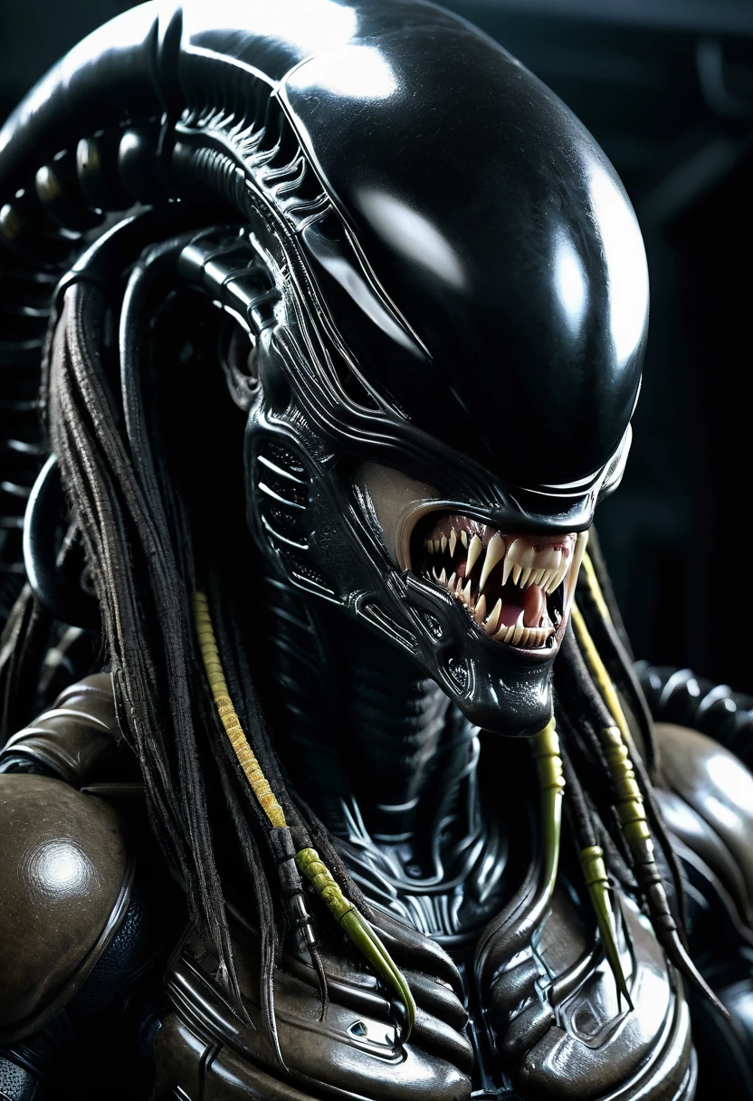 (((Very close up (((Predator fusion Xenomorph Alien the eighth passenger))),(((black color))),///Predator Mouth))),surreal and cinematographic images Color Splash images))),(((Front Images))),(((dreadlocks)))