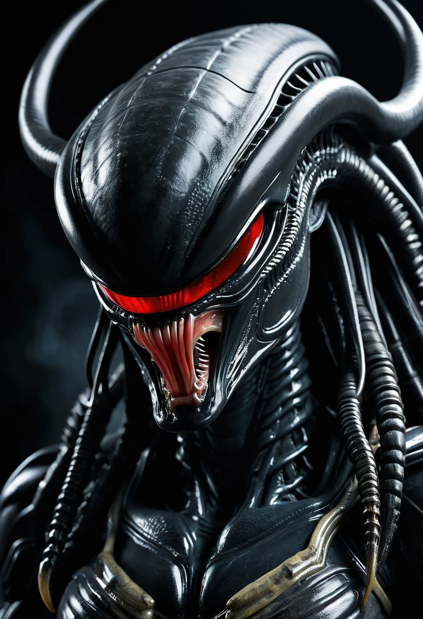 (((Very close up (((Predator fusion Xenomorph Alien the eighth passenger))),(((black color))),///Predator Mouth))),surreal and cinematographic images Color Splash images))),(((Front Images))),(((dreadlocks)))