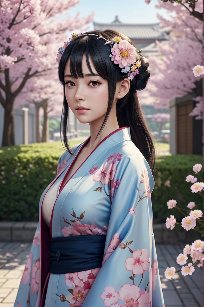 arafed woman in a kimono with flowers on her head, beautiful digital artwork, beautiful digital illustration, huge gigantic breasts, beautiful digital painting, gorgeous digital painting, artwork in the style of guweiz, photorealistic anime girl render, smooth anime cg art, beautiful digital art, great digital art with details, stunning digital illustration, detailed digital anime art, render of april, beautiful anime portrait