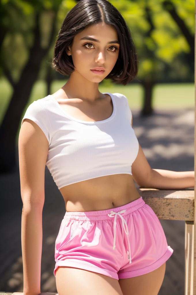 high resolution, work of art, perfect lighting, blossom, cinematic lighting, grown-up, perfect  skin, female, ((gazing at viewer:1.4)), smooth light, sensual lips, (eyeliner),realisitic skin,beautiful  face, realisitic, (photorealisitic), dynamic pose, Long shot,  plein-air, wearing pink nylon shorts, white top piece