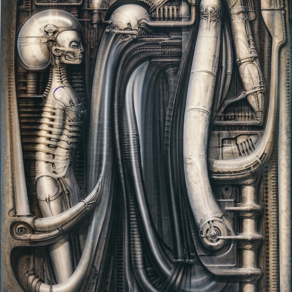 The image is a detailed view of H.R. Giger's \" Landscape XVI \" plate, featuring a complex network of bones and organs in a purple-brown hue ,swirling gray and brown colors. The artwork is silver and purplish brown, with an ivory bones prominently displayed. The image is highly detailed and intricate, almost like a 3d version of a medical diagram
The image is an artistic representation of a mechanical structure with pipes and gears, with a skeletal creature and a windmill blade.
biomechanical landscape by Hans Rudie Giger composed of fossilized and mummified alien life forms. Image depicts a strange and dreamlike, combines biological and mechanical ,managed to dreamlike quality. Centralized recognizable shapes of skulls, rib cages, and spines, all intertwined with tubes and cables. These shapes suggest fossilized mummified alien life forms. Central skeletal structures and what appears to be a ribcags of ivory in the foreground are the most identifiable organic elements. The mechanical elements are evident in the wires and tubes emanating from the skeletals, as well as the smooth metallic tubes. In the background shapes are visible that could be interpreted as other fossilized or mummified alien life.
Light source from the top highlights skeletals, upper part of foreground, lower part of image is in shadow.
The piece is a tableau, most likely created with a India ink pen or pencil on paper, determined by the thin lines, shading techniques, and the texture of the paper, which is visible around the edges.
used is pen, given the shading and variations in line weight visible in the image. One have used a variety of pencils with different degrees of hardness to achieve the shading effects
The style is clearly biomechanical. Features combination of organic and mechanical forms. Mechanical elements dominate the composition, there are subtle organic hints. The use of undersaturated purple-grays dark contrasts creates a stark and graphic look. Is used a variety of l
