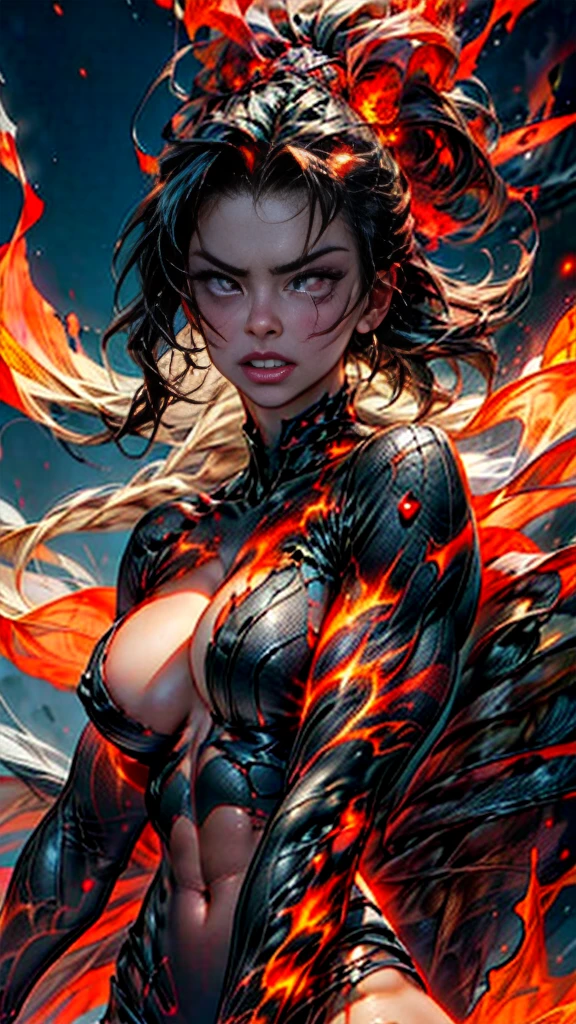 ((masterpiece, highest quality, Highest image quality, High resolution, photorealistic, Raw photo, 8K)), ((Extremely detailed CG unified 8k wallpaper)), (huge stunning latina goddess shot, very hot and sexy, jaw-dropping beauty, perfect proportions, beautiful body, slim body beauty:1.4), Lava demon(Adult model Daisy Marie), her body is made of lava, her hair is made of burning flames, hot body also burns the air around it, eyes of fire, burning red in the darkness, burning everything, spewing fury that turns into flames and cloaks the body, sparks of fire dance, flames erupt from the torn body, images of flames in the darkness, red and black theme, angry face, Flame Fiend, staring at the camera,