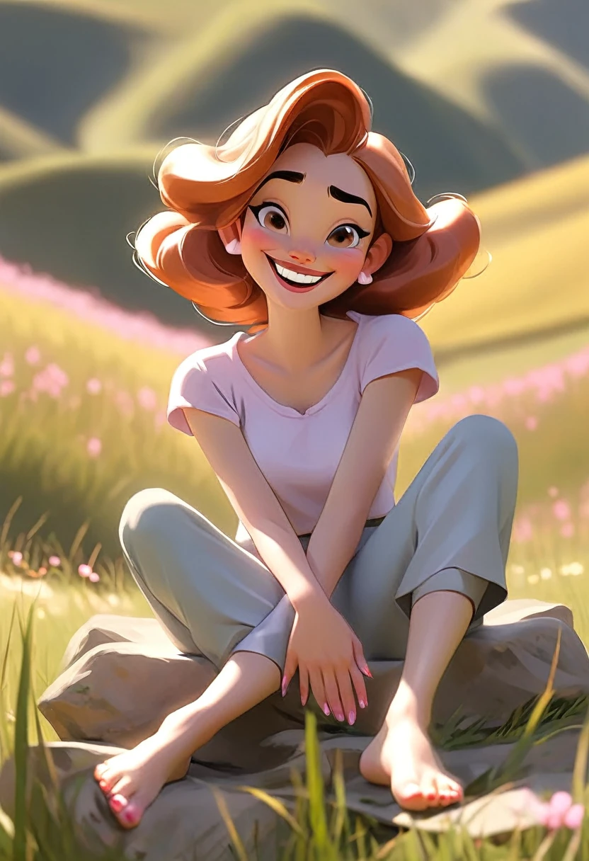 Woman sitting happy in a landscape showing her toenails and hands