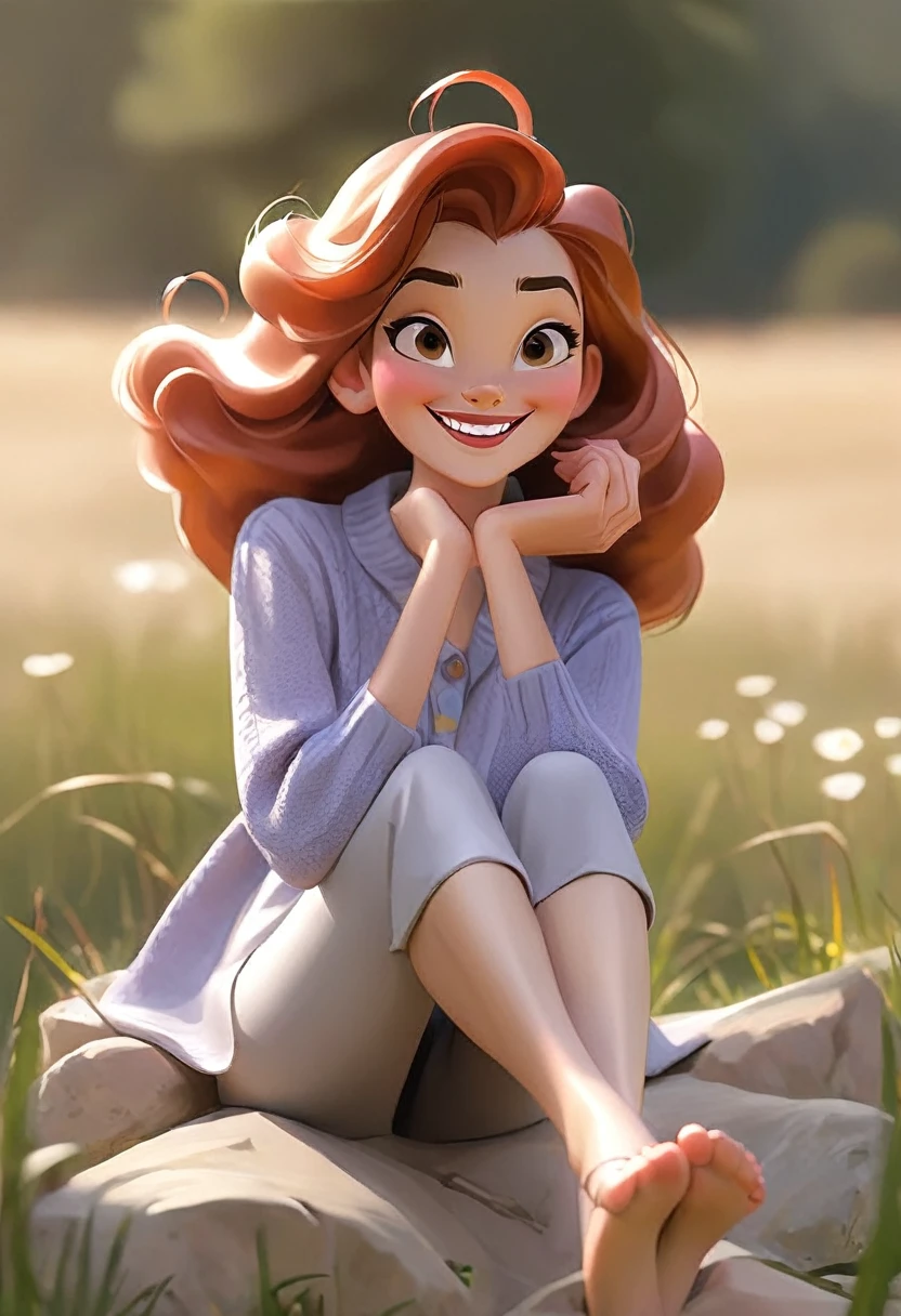 Woman sitting happy in a landscape showing her toenails and hands