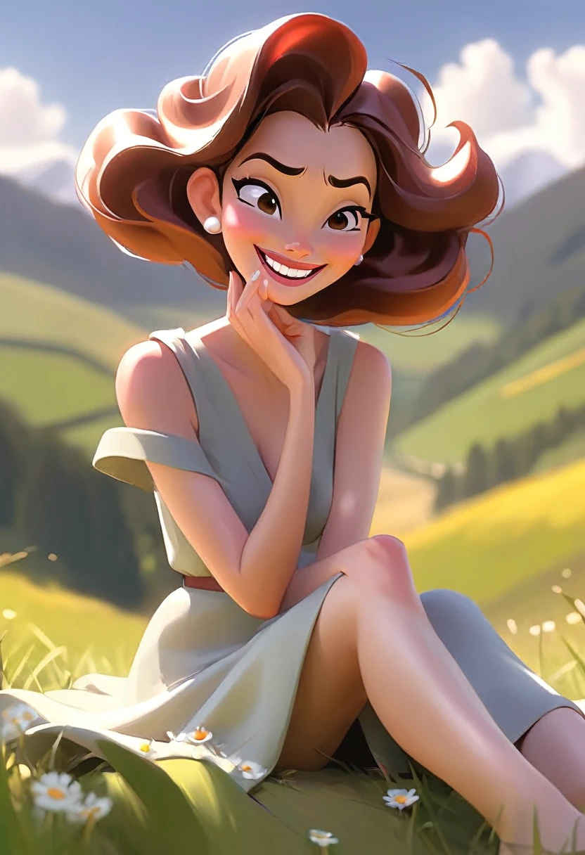 Woman sitting happy in a landscape showing her toenails and hands