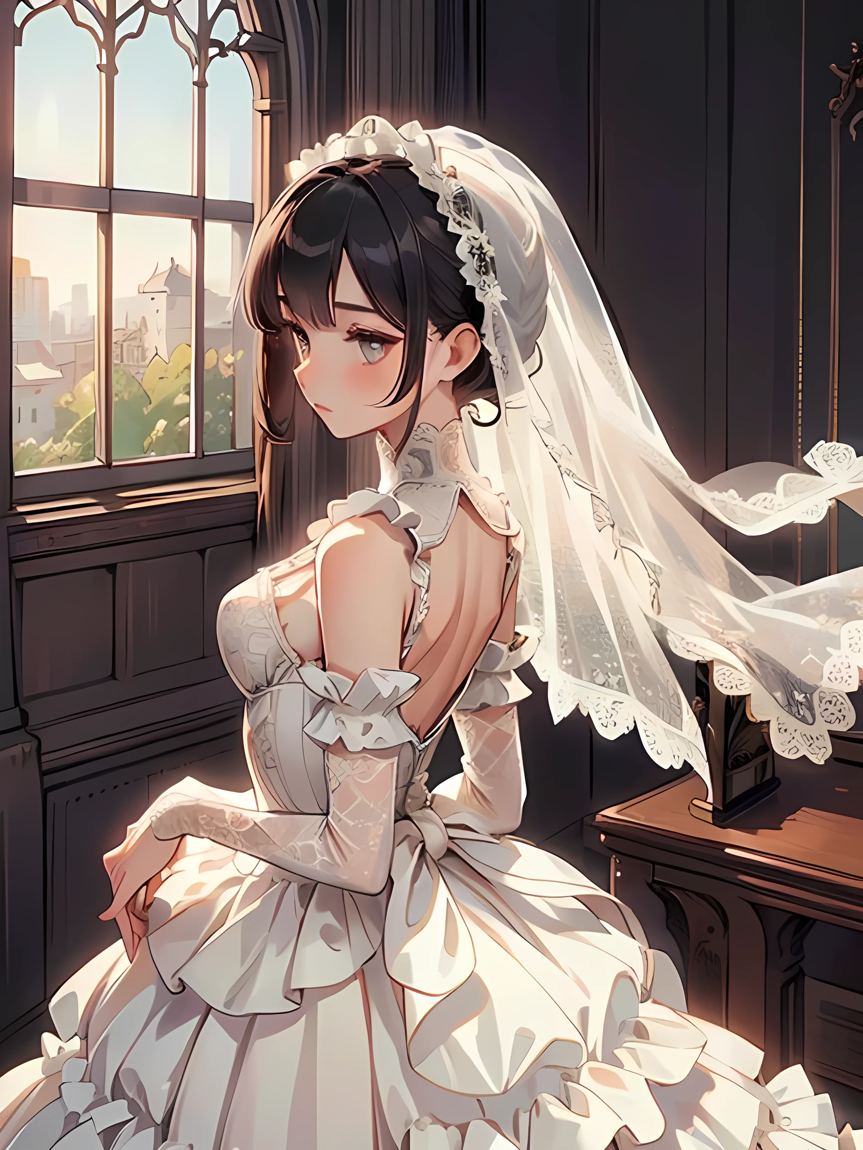 ((Top quality, masterpiece, freak, super resolution)), 1 girl, Japanese model,,Stunning bridal gown featuring a fitted bodice embellished with intricate lace appliqués and beadwork. (Illusion high neck with sheer lace sleeves that gracefully extend to the wrists and are decorated with delicate lace patterns:1.2),(Intricate sheer lace gloves:1.1),Ball gown skirt with layers of tulle, voluminous and ethereal. Silhouette. The dress has a long, flowing train that adds to its regal appearance. The back is also decorated with delicate buttons and delicate lace. This enchanting dress is perfect for a fairytale wedding.
