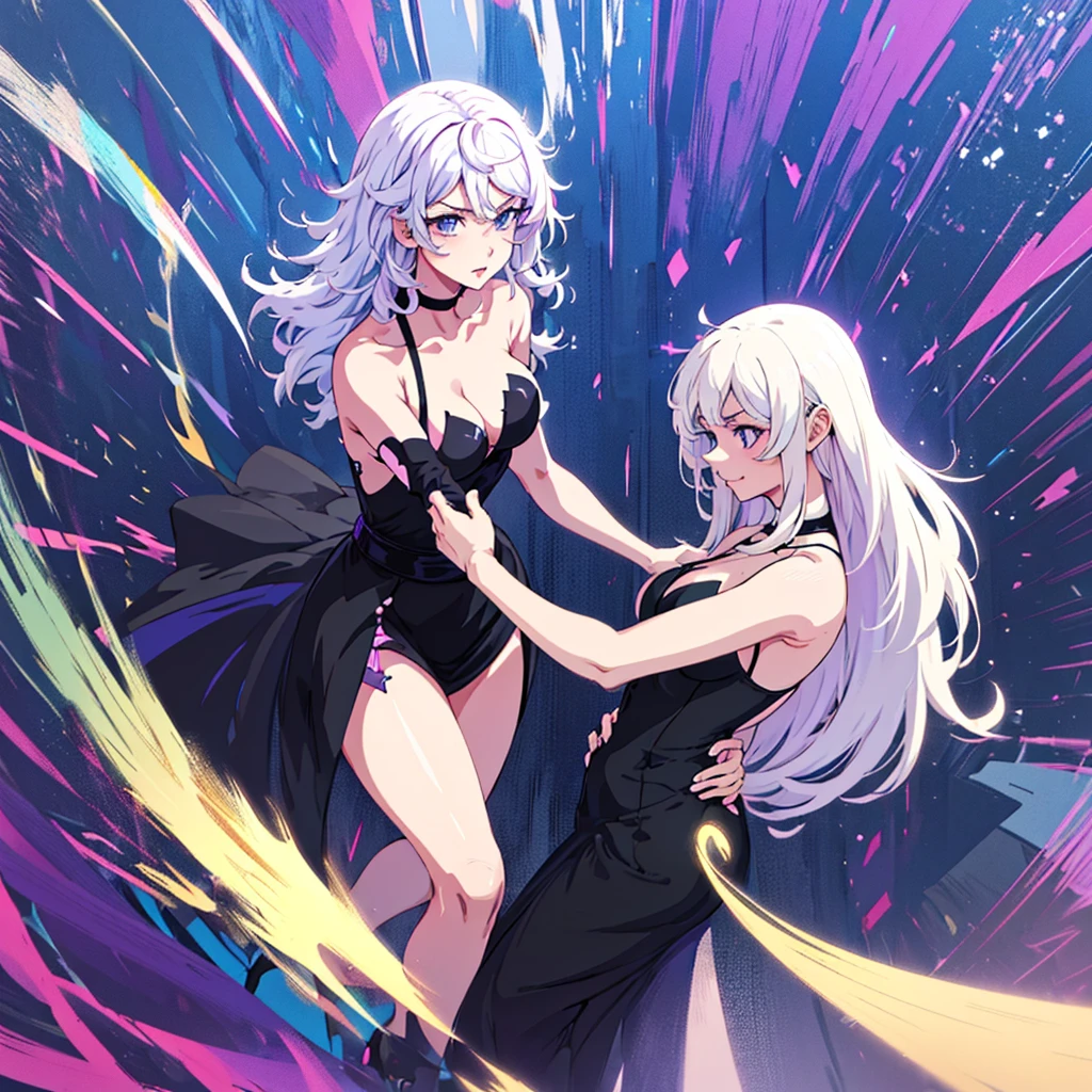  Anime two women a beautiful woman with long slightly wavy white hair bright blue eyes wearing a sexy black dress with black heels next to her a beautiful woman with long dark purple hair with bright purple eyes wearing a sexy black dress and black heels dancing in a nightclub