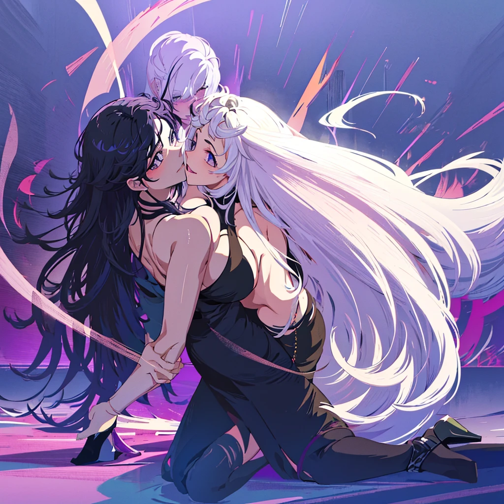  Anime two women a beautiful woman with long slightly wavy white hair bright blue eyes wearing a sexy black dress with black heels next to her a beautiful woman with long dark purple hair with bright purple eyes wearing a sexy black dress and black heels dancing in a nightclub