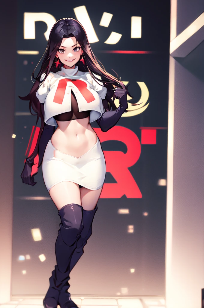 ReiHino, long hair, jewelry, kizukiAI, mature woman, crescent earrings, Team rocket, team rocket uniform, red letter R, white skirt,white crop top,black thigh-high boots, black elbow gloves, evil smile, earrings, large breasts, sexy pose