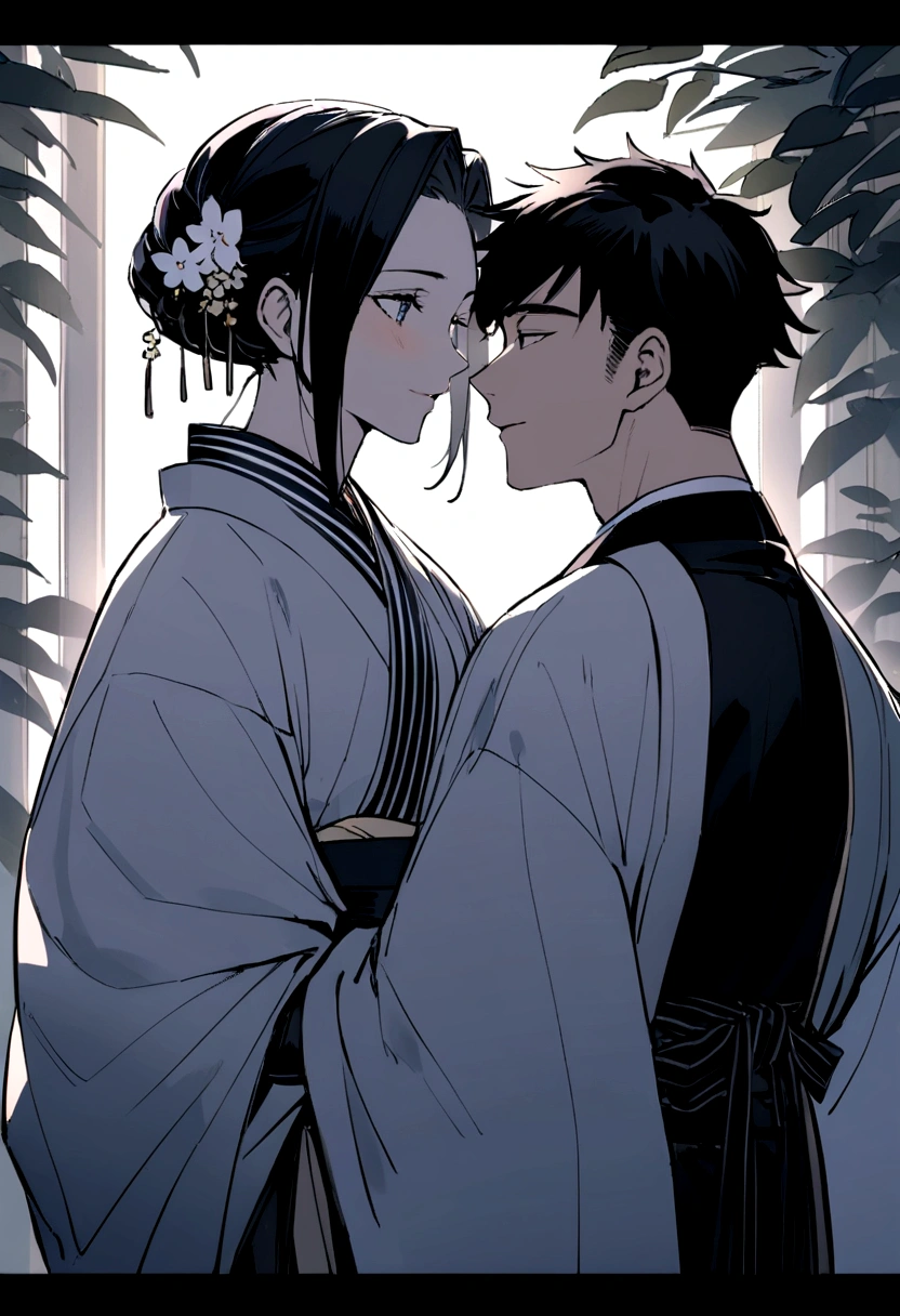 Two Japanese men with short black hair wearing traditional Japanese wedding attire are getting along well　The face is facing forward