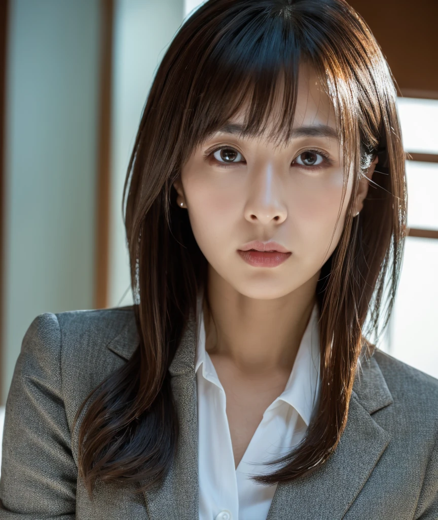 Highest quality, masterpiece, High resolution, Photorealistic, RAW Photos, 8k wallpaper, perfection, Professional Lighting, Very detailed, Depth of written border, ((Japanese woman in her 30s)), thin, sexy, Detailed face, Beautiful Eyes, bangs, Straight hair, Faint lips, ((View your viewers, Serious face)), business suit, I have a laptop, Upper body angle, Photo taken from the front