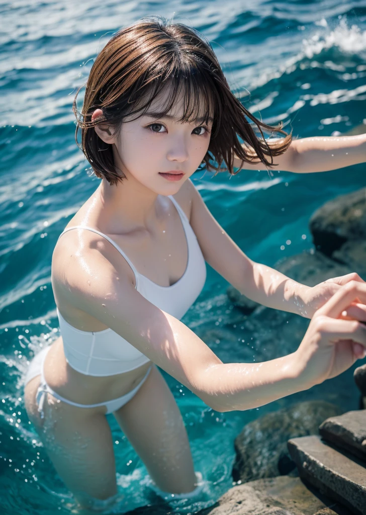 (Realistic, photo-Realistic:1.37),(8K, RAW Photos, Highest quality, masterpiece:1.2), cute, Ultra-detailed, 超High resolution, Kodak Vision Color, Filmed with an Arricam LT camera,Highest quality, Lively, 8K, High resolution, 1 girl, Escape, (Professional Lighting), (Portraiture:0.6), Brown Hair,21 years old、slender、Short Bob、Wave Splash、In the sea、Swimming、masterpiece, Highest quality,, In the seaの熱帯魚の群れ, cute, healthy, The Beloved, Perfect hands, snorkel,wearing snorkel, In the water,Diving Suits, Wet Hair,