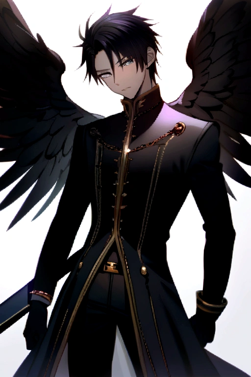 A boy long black hair with light skin gray eyes is an angel who has no wings and wore a black prince outfit and a belt that holds his sword