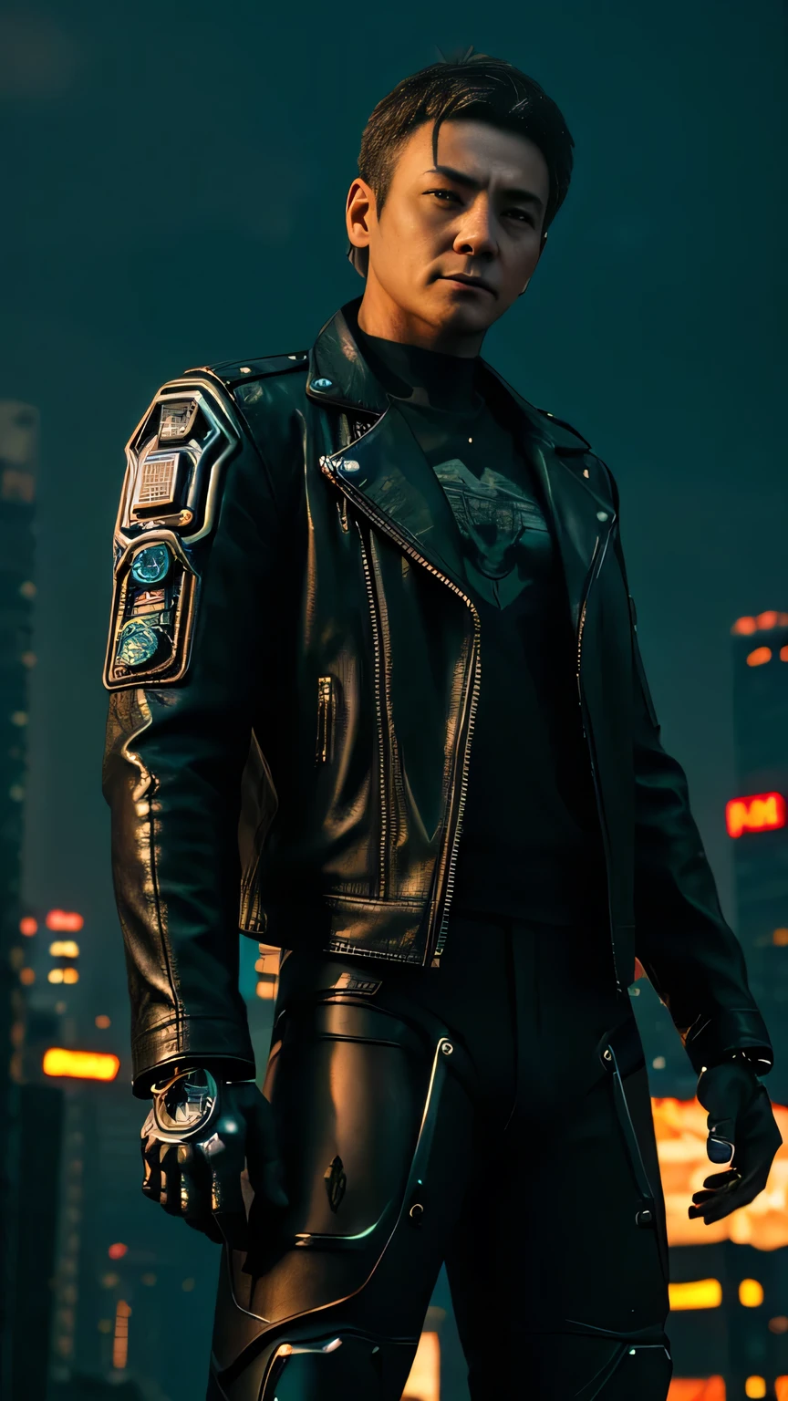 A person with mechanized body parts in the cyberpunk style stands out. His transparent skin reveals circuits and cables, while his eyes glow with colored LEDs. The limbs are a mixture of flesh and metal, with advanced prosthetics and cybernetic interfaces. Wearing a black leather jacket, the figure is set in a dystopian urban setting with decaying skyscrapers. The image represents the fusion between the human and the mechanical in the futuristic world of cyberpunk