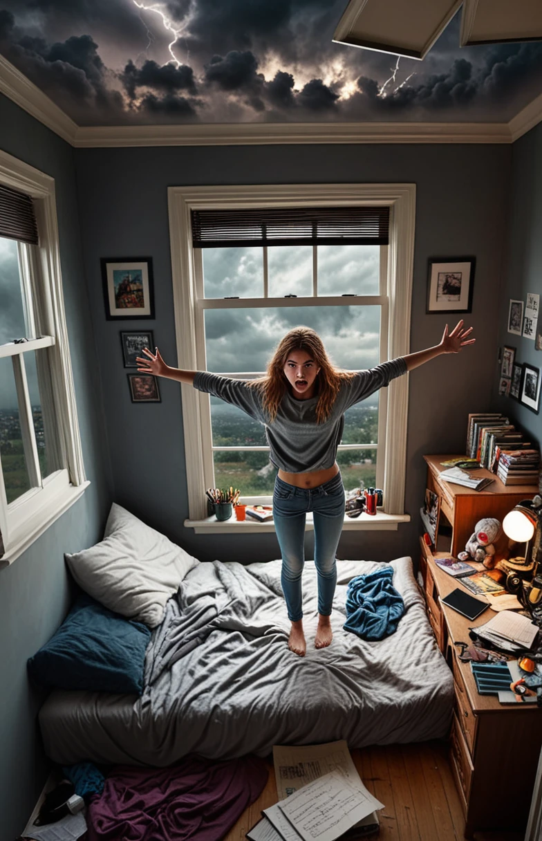 angry 18yo sister, bedroom, desk, messy room, realistic, looking at viewer, window, angry, arms behind back, from above, stormy sky, dim light at cozy bedroom,, (masterpiece, best quality, very aesthetic, ultra detailed), intricate details,
