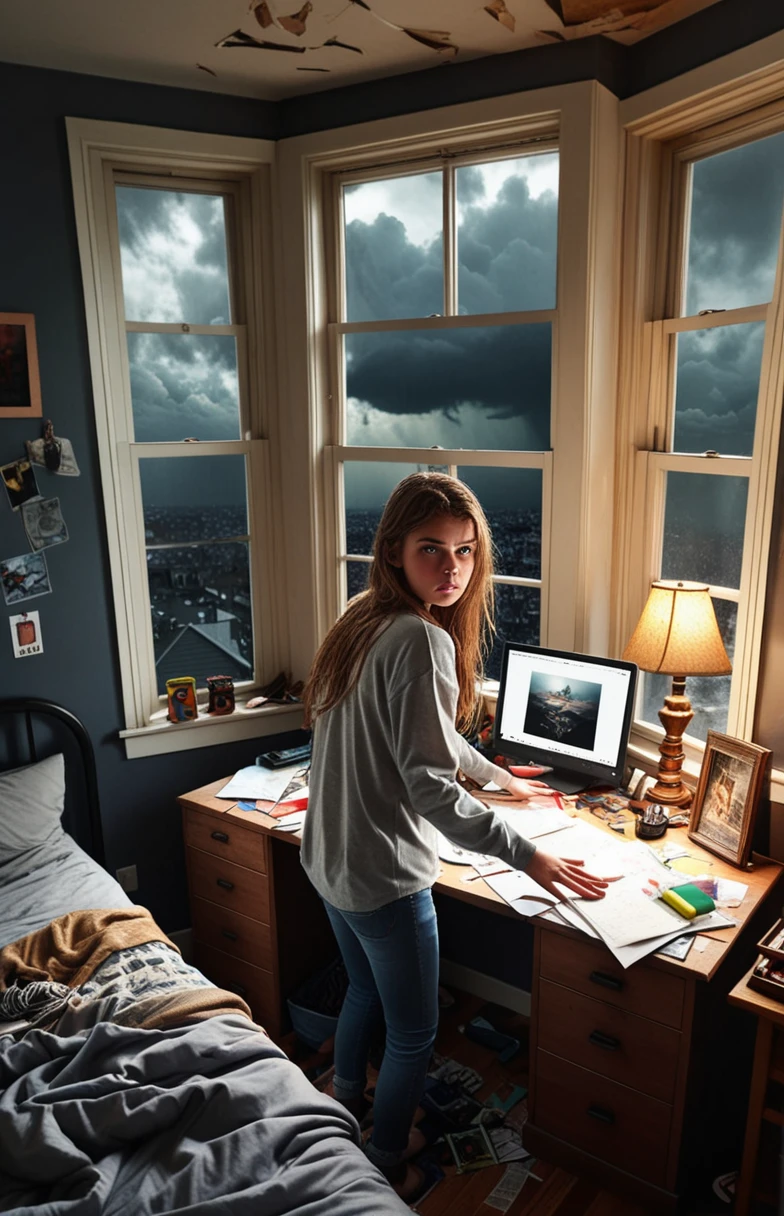 angry 18yo sister, bedroom, desk, messy room, realistic, looking at viewer, window, angry, arms behind back, from above, stormy sky, dim light at cozy bedroom,, (masterpiece, best quality, very aesthetic, ultra detailed), intricate details,