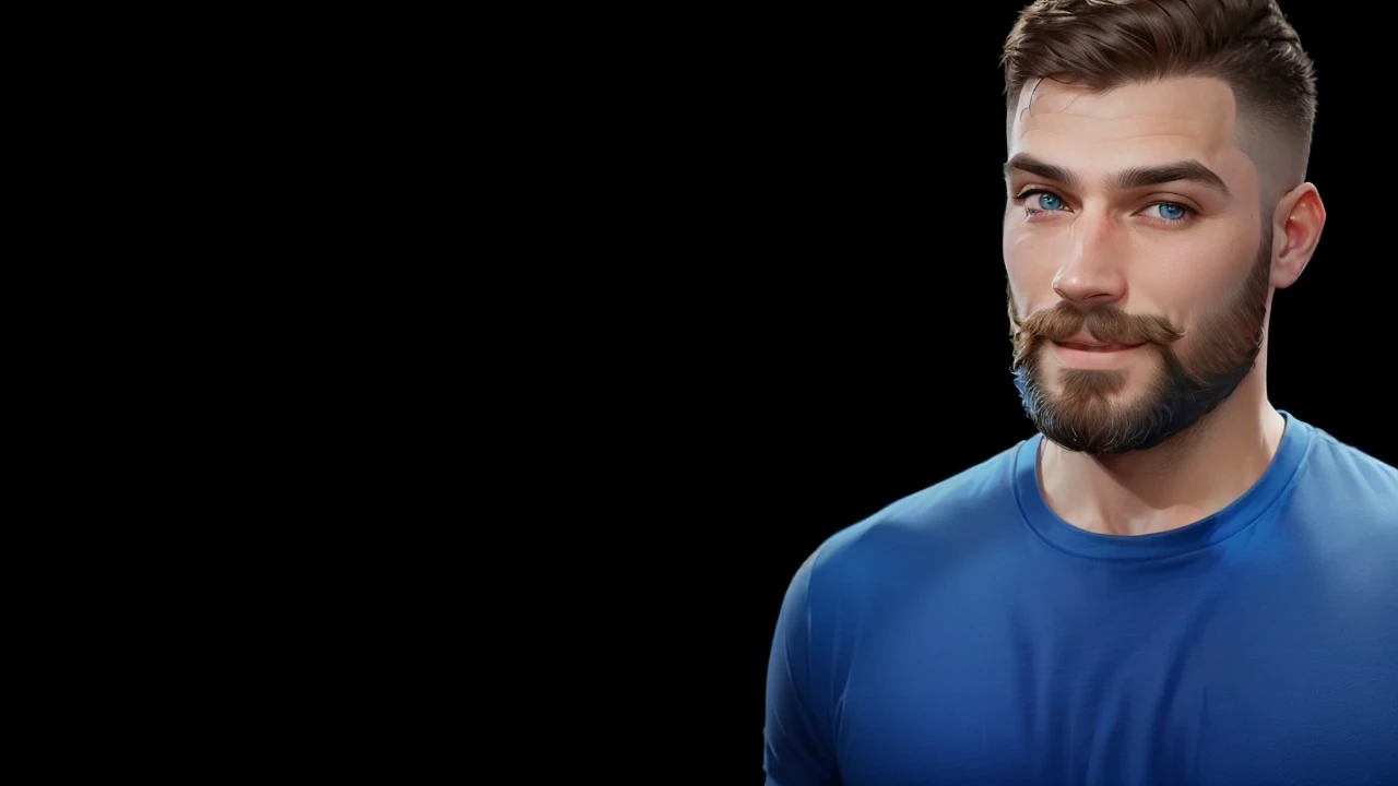 brutal man with a beard in a blue T-shirt looks at the camera, promotional image, bearded man smiles a little and looks at the camera.yu blue t-shirt