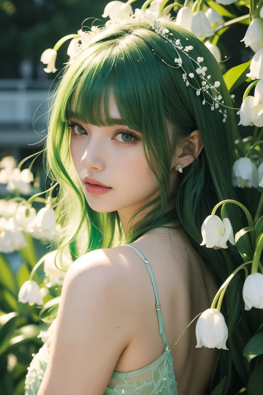 lily of the valley, beautiful green haired woman, dew covered flowers, Elegance,