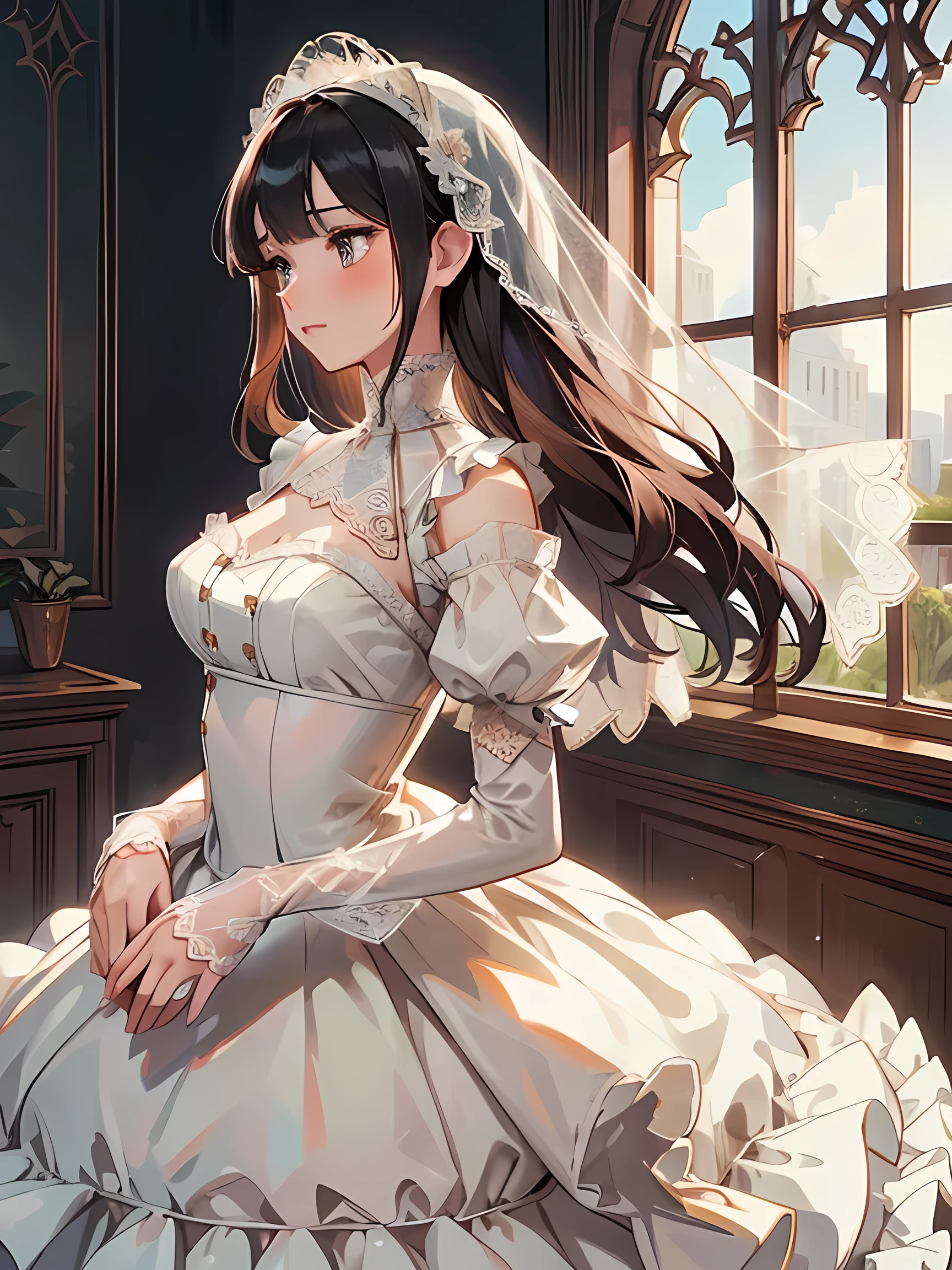 ((Top quality, masterpiece, freak, super resolution)), 1 girl, Japanese model,,Stunning bridal gown featuring a fitted bodice embellished with intricate lace appliqués and beadwork. (Illusion high neck with sheer lace sleeves that gracefully extend to the wrists and are decorated with delicate lace patterns:1.2),(Intricate sheer lace gloves:1.1),Ball gown skirt with layers of tulle, voluminous and ethereal. Silhouette. The dress has a long, flowing train that adds to its regal appearance. The back is also decorated with delicate buttons and delicate lace. This enchanting dress is perfect for a fairytale wedding.