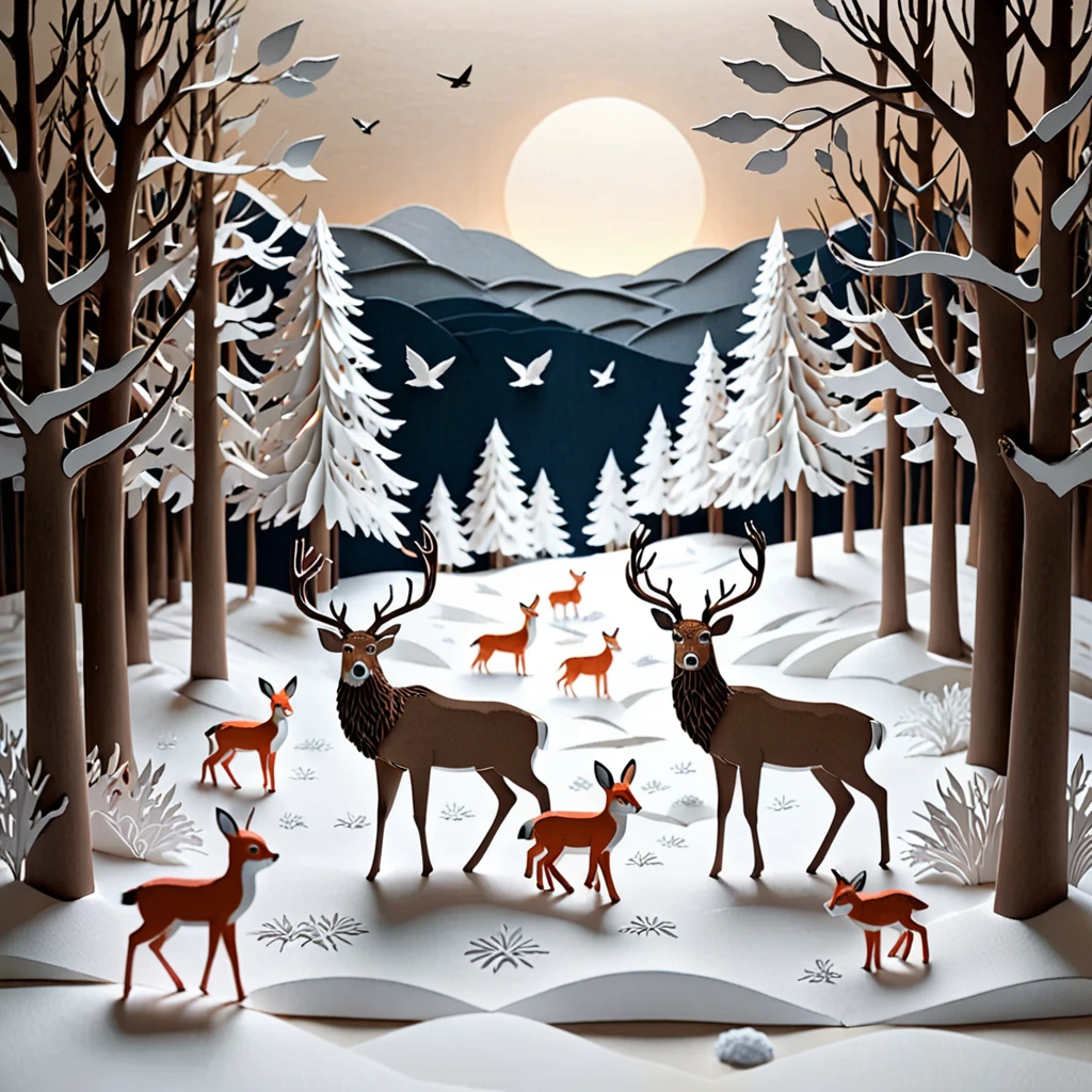 Create a detailed paper cutout artwork depicting a snowy landscape with animals. The scene should include a serene, snow-covered forest with tall trees and a blanket of snow on the ground. Various animals such as deer, foxes, rabbits, and birds should be shown interacting with the winter environment, some foraging for food and others playing in the snow. The artwork should capture the peacefulness and beauty of winter, highlighting the contrast between the white snow and the animals. The overall mood should be tranquil and heartwarming, showcasing the harmony between nature and wildlife in a winter setting.