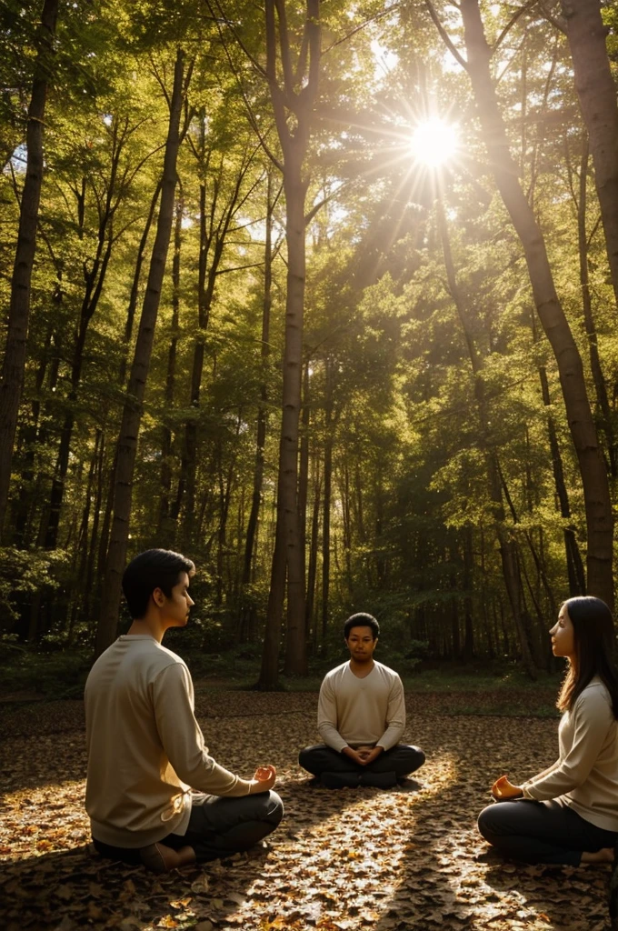 Image of people practicing meditation outdoors: In the center of a serene woodland, a group of three people sit in a circle, legs crossed on a carpet of fallen leaves. The setting sun casts a soft golden light between the branches of the tall trees, creating a play of shadows on the mossy ground. Participants, with eyes closed and expressions serene, appear immersed in the present moment, absorbing the tranquility of the natural environment while practicing meditation.