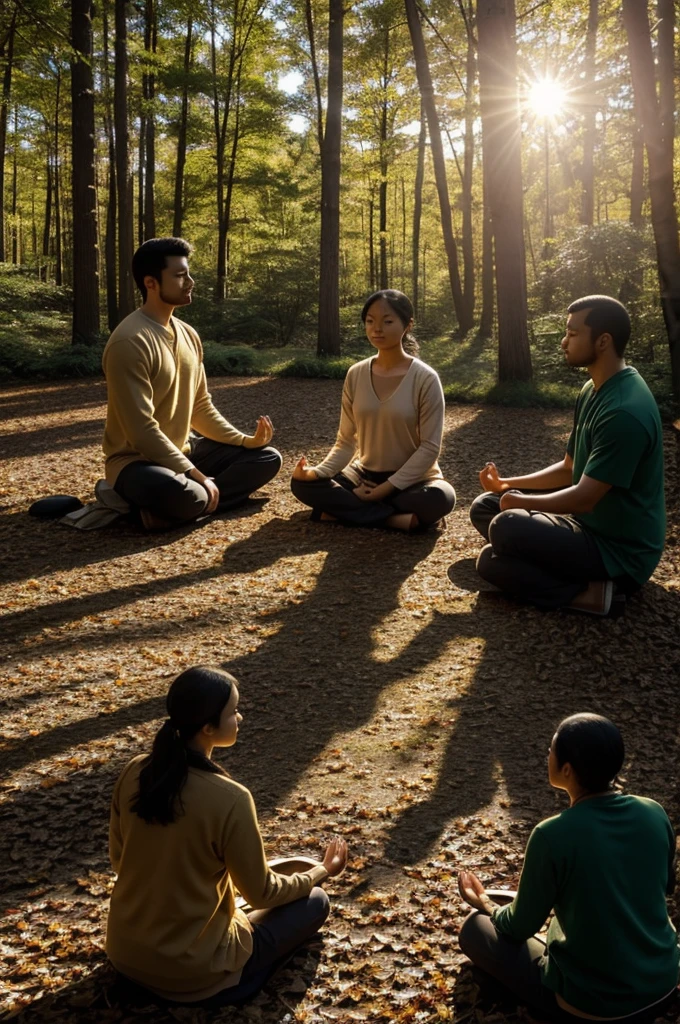 
Image of people practicing meditation outdoors: In the center of a serene woodland, a group of three people sit in a circle, legs crossed on a carpet of fallen leaves. The setting sun casts a soft golden light between the branches of the tall trees, creating a play of shadows on the mossy ground. Participants, with eyes closed and expressions serene, appear immersed in the present moment, absorbing the tranquility of the natural environment while practicing meditation.
