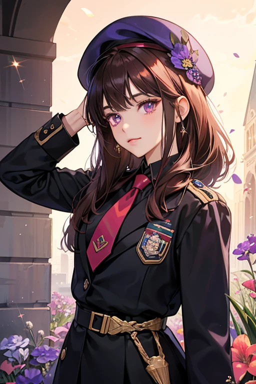 she has maroon/dark brown hair with a white streak at the front of her fringe and has a small build. sHe wears a police uniform with a necktie, as well as a beret. sHe also has violet eyes which might be a reference to her national flower, the Vanda Miss Joaquim SPARKLE; GLITTER
