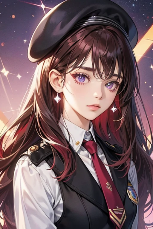 she has maroon/dark brown hair with a white streak at the front of her fringe and has a small build. sHe wears a police uniform with a necktie, as well as a beret. sHe also has violet eyes which might be a reference to her national flower, the Vanda Miss Joaquim SPARKLE; GLITTER