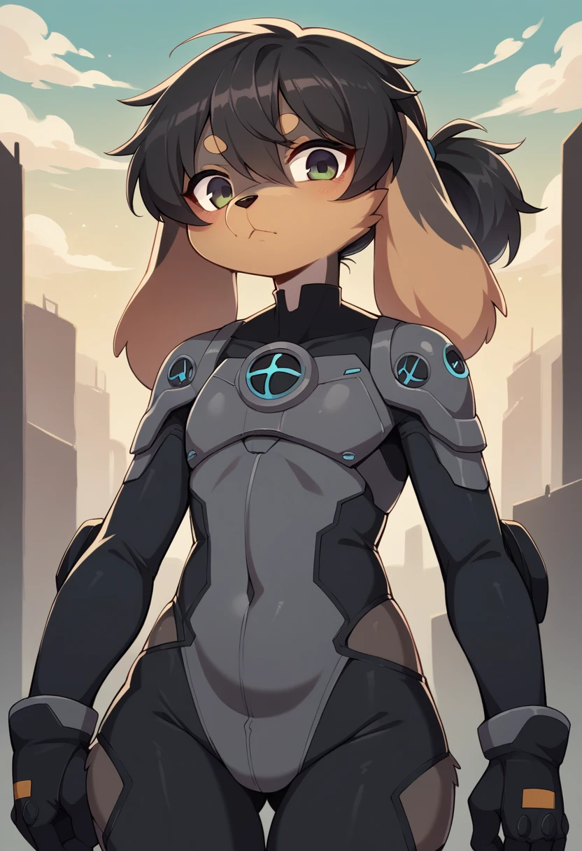 A portrait of a mature adult female, furry, ((two-toned light and dark grey body fur)), slender, flat chest, wide hips, sharp and angled golden cat-like eyes, ((long floppy dachshund-like ears)), fluffy cheeks, dog-like nose, shoulder-length black hair with segmented bangs and ponytail, wearing skintight sci-fi armor, looking at the viewer, no expression, sunset in a futuristic city