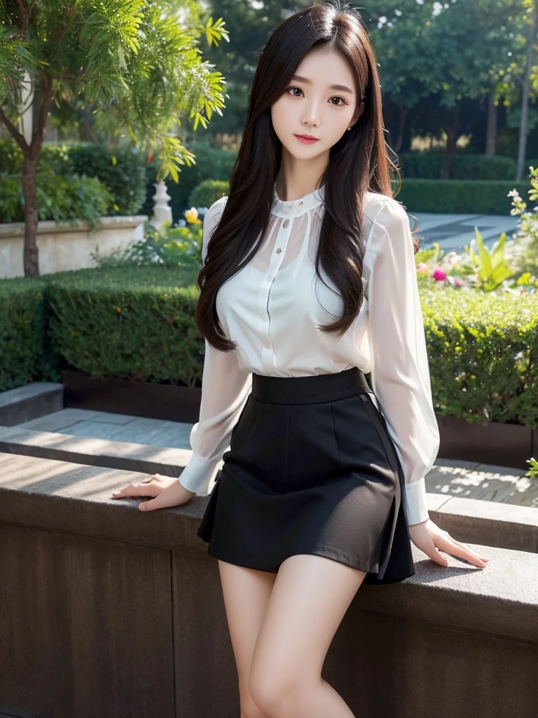 Black and white skirt 、Sheer blouse、(Highest quality)、((Very detailed))、4K、(8K)、masterpiece、Super detailed、Highest quality、Super Resolution、One person、Kind Face、Soft Light、Raw quality、Soft Skin、Heel、163cm、Garden Terrace