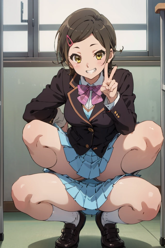 solo, 1girl, ,  hazuki katou,.,looking viewer ,grin,medium breasts,classroom,blazer,miniskirt,socks,squatting,open legs,spread legs,,peace pose