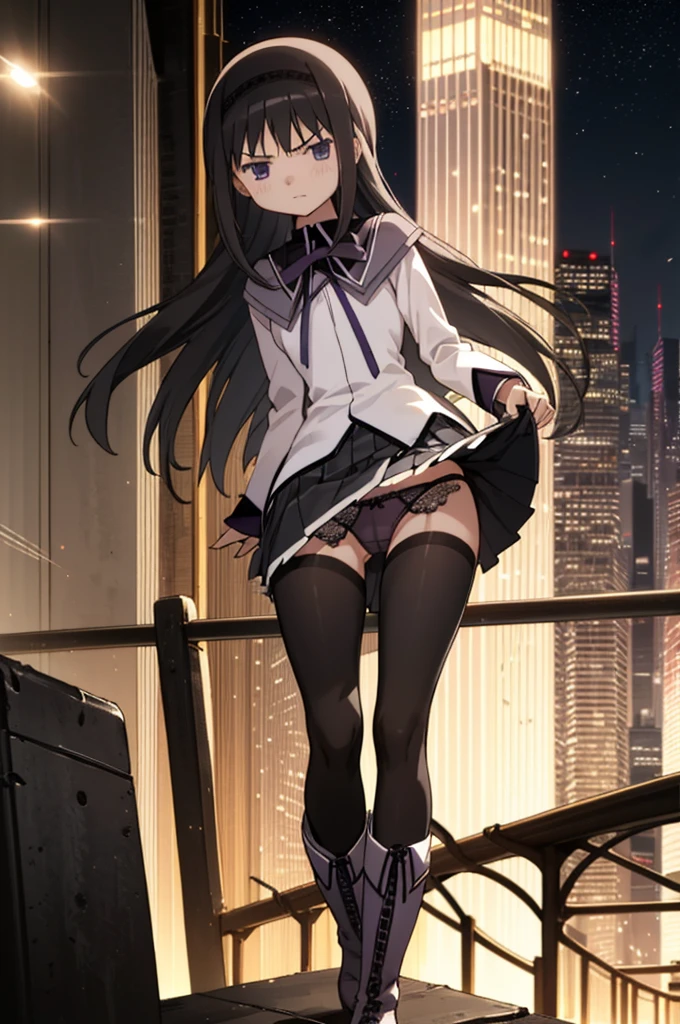 solo, 1girl, looking at viewer, , homura akemi, magical girl, closed mouth,black pantyhose,miniskirt,(((lift skirt,lace panties))),city,top of building,night,outdoor,angry,boots