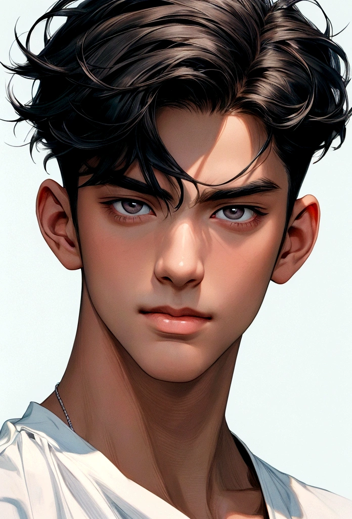 (masterpiece best qualtiy)( AI art)(high qualtiy)1 boy , handsome, charming, fresh,(detail face), ignore face, thick neck , pointed chin, black hair, short hair, tall, stronger, Sharp eyes, Badass, no tattoos, potrait, looking at view, smirk face