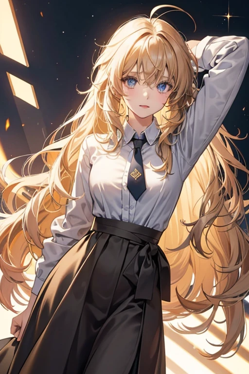 she has messy hair and a long ahoge curling forward from the back of her head, . Her hair appears in some pictures to be darkish and in others to be very light, but in colored art, her hair seems to be a light brown. Hse wears a jacket over a dress shirt, with a ribbon-like tie around her neck and long slacks. SPARKLE; GLITTER