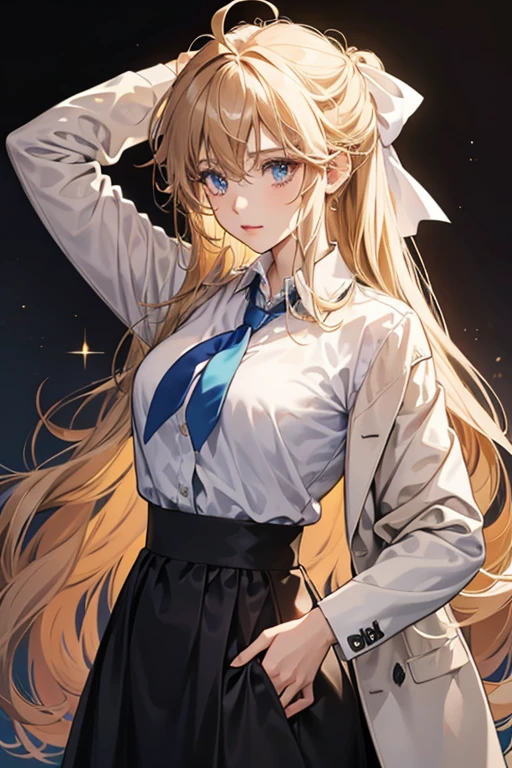 she has messy hair and a long ahoge curling forward from the back of her head, . Her hair appears in some pictures to be darkish and in others to be very light, but in colored art, her hair seems to be a light brown. Hse wears a jacket over a dress shirt, with a ribbon-like tie around her neck and long slacks. SPARKLE; GLITTER