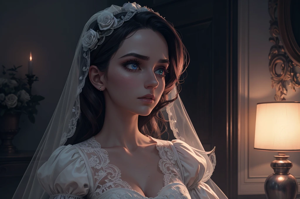 a noiva fantasma, a sedutora e glamourosa mulher fantasma, beautiful detailed eyes, beautiful detailed lips, extremely detailed eyes and face, long eyelashes, ghost, supernatural, ghostly bride, rose bouquet, floral dress, haunting but alluring, dark fantasy, chiaroscuro lighting, dramatic shadows, moody atmosphere, ethereal, photorealistic, 8k, ultra-detailed, cinematic, dark and moody color palette, dramatic lighting