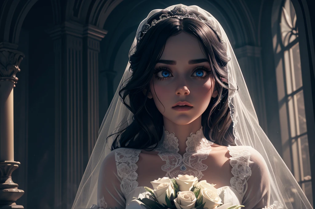 a noiva fantasma, a sedutora e glamourosa mulher fantasma, beautiful detailed eyes, beautiful detailed lips, extremely detailed eyes and face, long eyelashes, ghost, supernatural, ghostly bride, rose bouquet, floral dress, haunting but alluring, dark fantasy, chiaroscuro lighting, dramatic shadows, moody atmosphere, ethereal, photorealistic, 8k, ultra-detailed, cinematic, dark and moody color palette, dramatic lighting