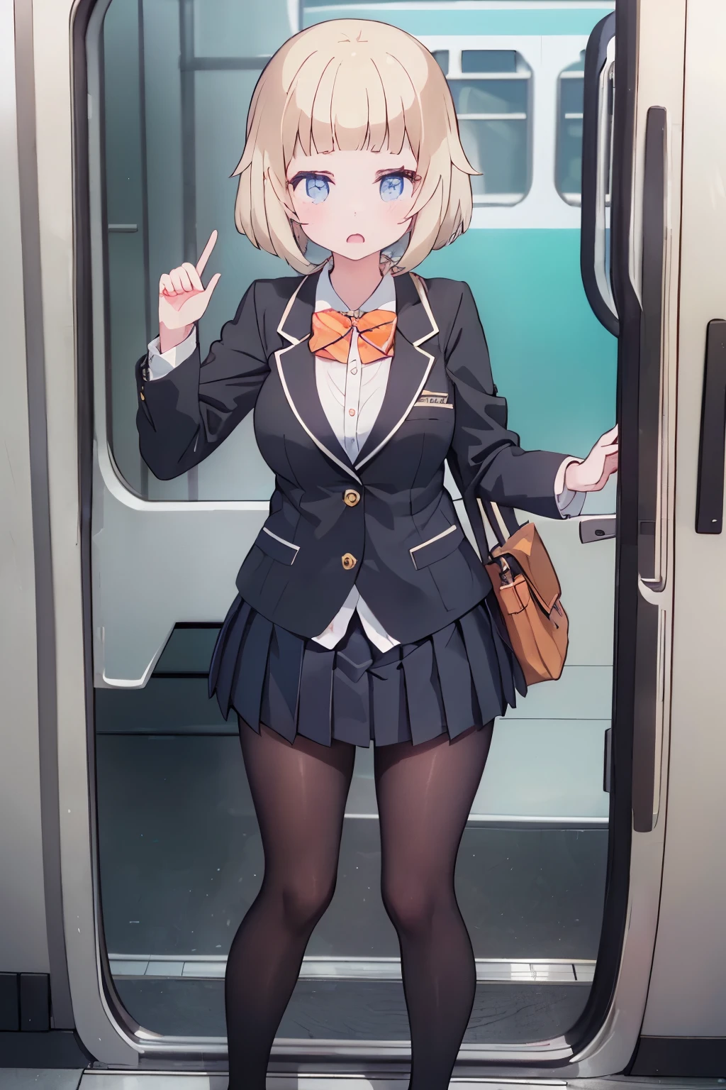 (8K、Highest quality、highest quality、masterpiece)、Detailed face、One girl、on the train、((Pressing her chest against the glass of the door.4))、、short hair、、blunt bangs、Grey Eyes、、、((Blazer jacket uniform))、((Pleated skirt))、((No panties))、((bent over))、Back Alley Background、Very large breasts、Nipples are visible、、Black Pantyhose、Milk dripping from nippleilk spurting from the nipple、、Open your mouth、Troubled face、Love juice from the genitals、Full body portrait、Black Loafers、One man、Hearts in the eyes、Sex with a man、A man stands behind、A man grabs my waist from behind、Standing doggy style、Put your hand on the door