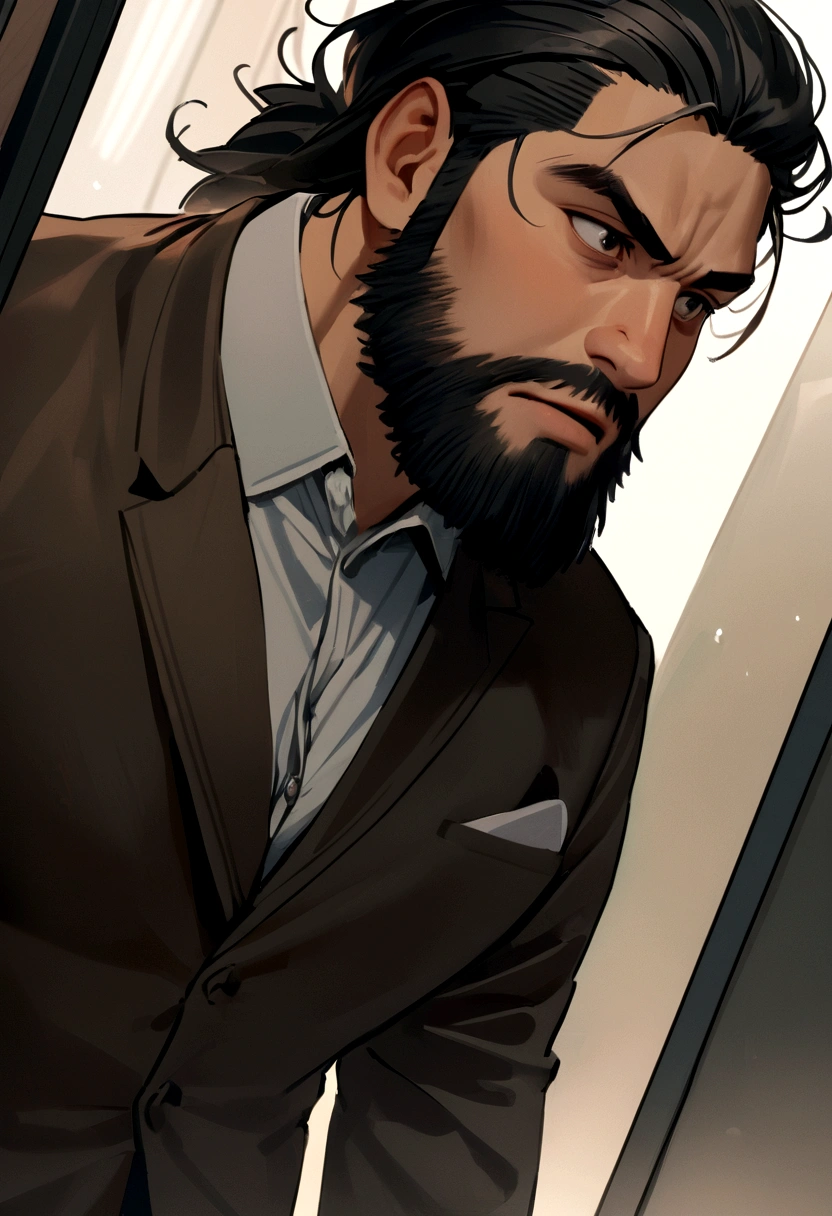 boy with beard and medium long black hair in a fight