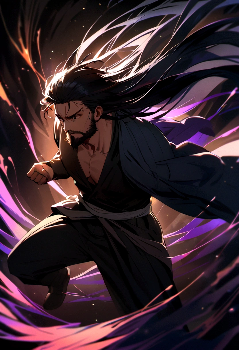 boy with beard and medium long black hair in a fight