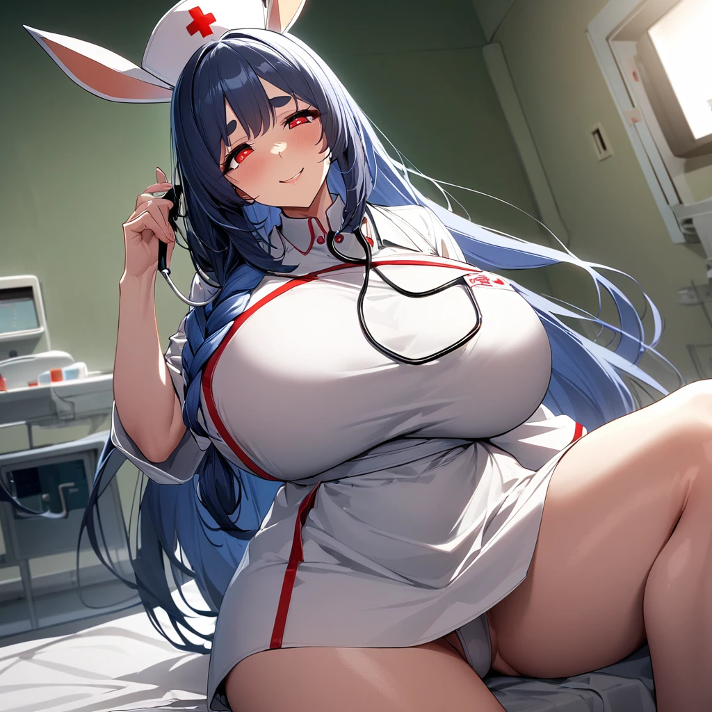 1girl, pekomama, long hair, smile, mature female,  red eyes,super huge breasts,Whipped thighs,white nurse costume,nurse cap,stethoscope in hand,hair over shoulder,Females in heat,lewd expression,looking at viewer,upturned eyes,sitting down,Legs open,indoors, inside the hospital, hospital room,midnight,very near,(very aethetic, best quality, ultra detailed), intricate details