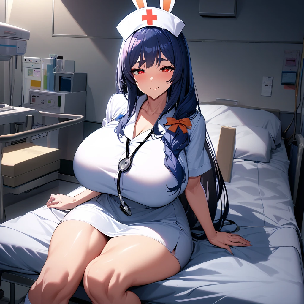 1girl, pekomama, long hair, smile, mature female,  red eyes,super huge breasts,Whipped thighs,white nurse costume,nurse cap,stethoscope in hand,hair over shoulder,Females in heat,lewd expression,looking at viewer,upturned eyes,sitting down,Legs open,indoors, inside the hospital, hospital room,midnight,very near,(very aethetic, best quality, ultra detailed), intricate details