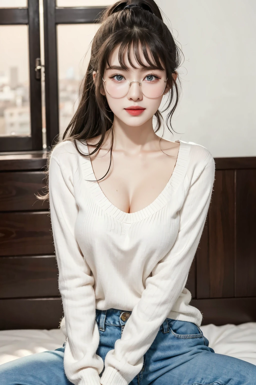 (Best quality, masterpiece, detailed), (RAW, 4k, hd images), shy, 1 girl, 17 years old, white skin, long hair, ponytail, layers hair, bangs, black hair, beautiful girl, cute girl, sweet girl, pretty girl, perfect girl, pretty eyes, blue eyes, thin lips, thin, (eye line, lip stick soft), perfect boobs, glasses(detailed frame), terrace, smile, thigh, casual clothes, casual pants, sitting