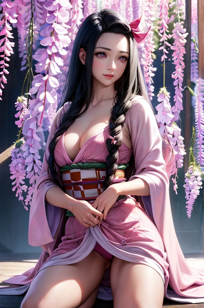 masterpiece, best quality, highly detailed, ultra high res, (photorealistic:1.8), unreal_engine, photograph, realistic_skin_texture, nezuko, kamado nezuko, 1girl, solo, long hair, black hair, pink eyes, multicolored hair, hair ribbon, (bamboo gag, bite gag), portrait, looking at viewer, seductive smile, pink kimono, own hands together, rialistic photo、Real Images、Top image quality、​masterpiece, (Pink kimono), seductived faced, good lighting, beautiful thigh、adult appeal、Adults、Big、cleavage, finely detail, ​masterpiece,I can see my panties、 radiant eyes, 1girl in, A dark-haired, SUCK, Kamado Nezuko, wisteria background, ​masterpiece, top-quality, POV, Spread legs,